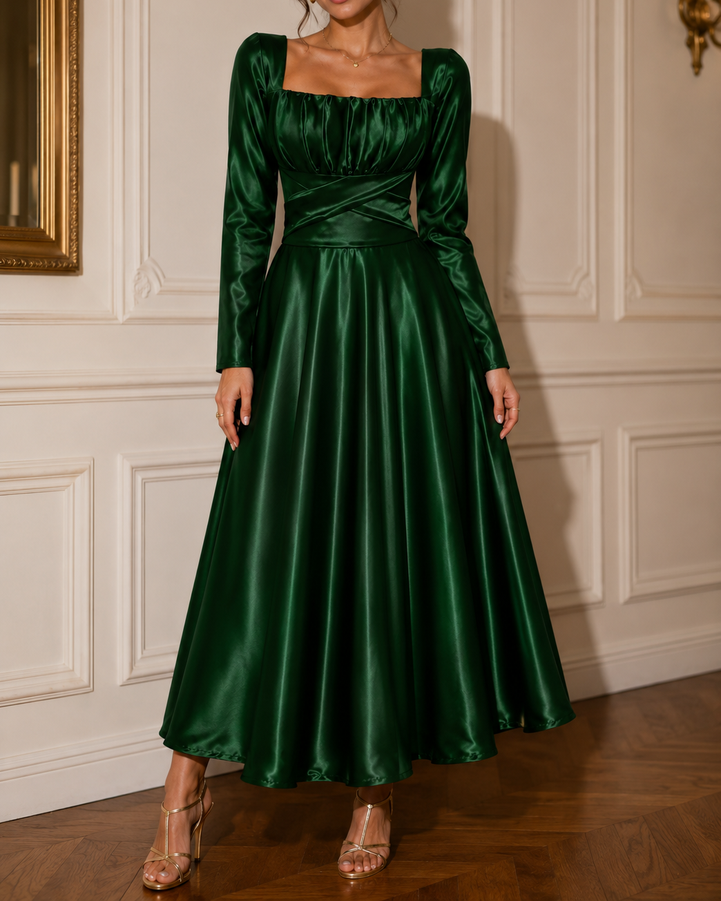 LONG SLEEVED EMERALD MAXI SATIN DRESS