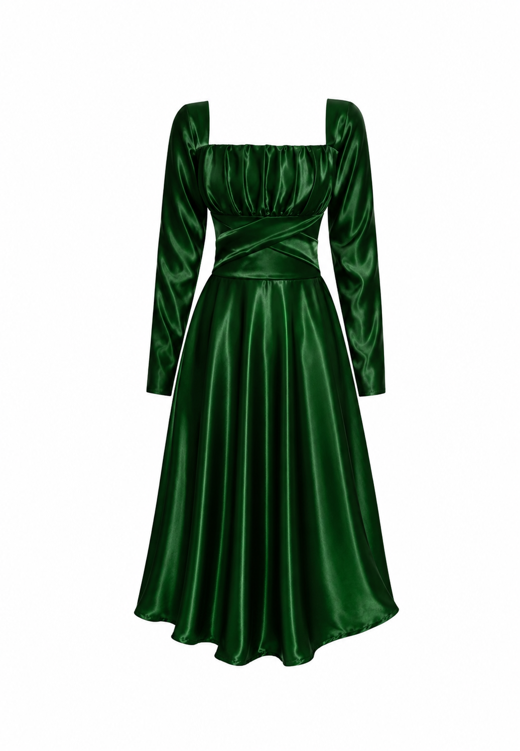 LONG SLEEVED EMERALD MAXI SATIN DRESS