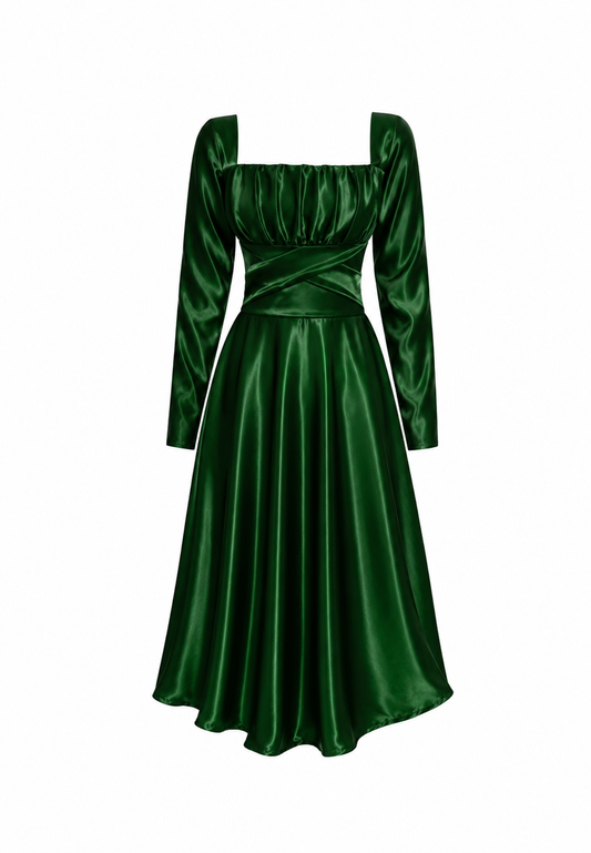 LONG SLEEVED EMERALD MAXI SATIN DRESS