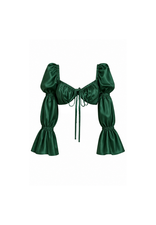 LONG PUFF SLEEVED EMERALD SATIN BLOUSE