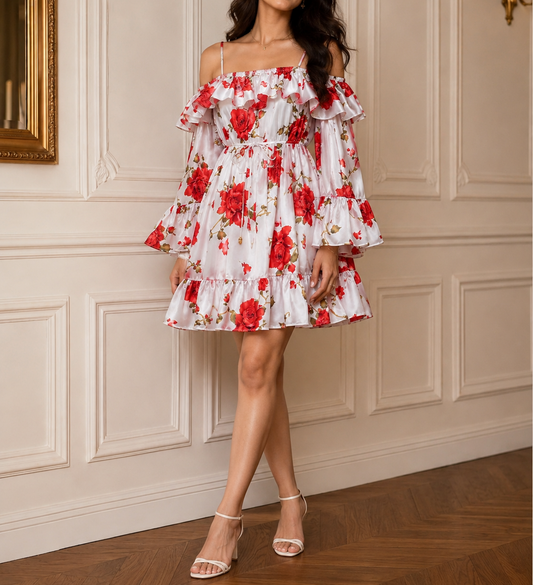 OFF-SHOULDER SILK SATIN MINI DRESS