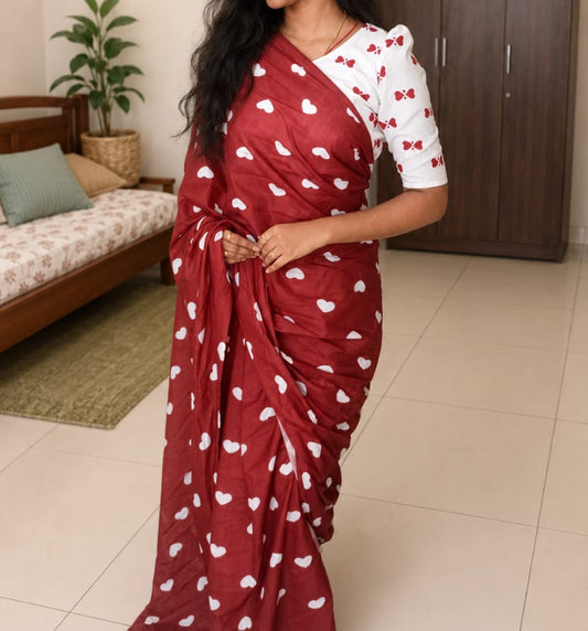 Maroon Heart Printed Cotton Saree