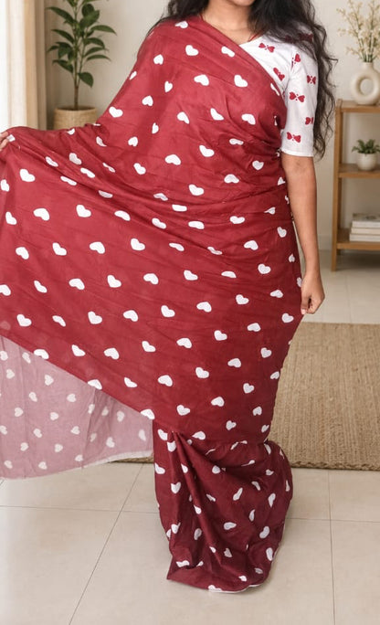 Maroon Heart Printed Cotton Saree