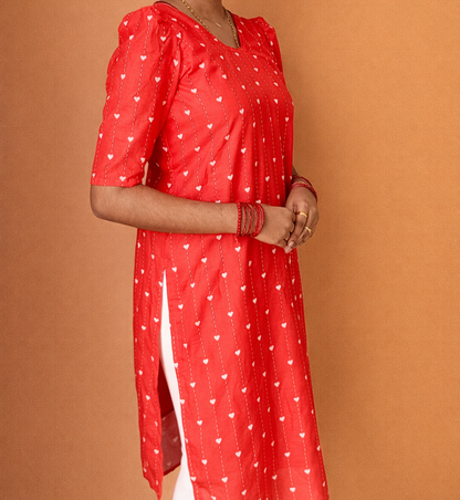 Red Heart Printed Kurti And Dupatta