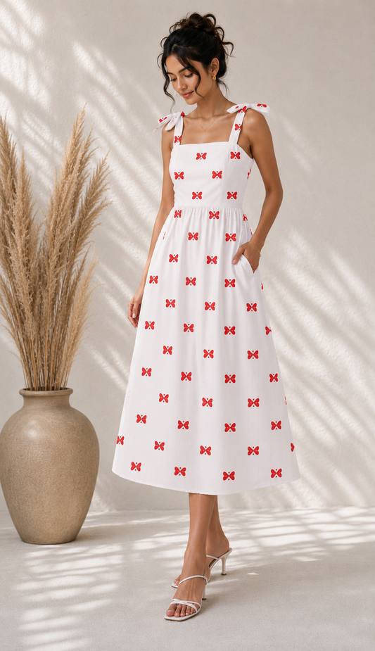 BOW PRINT COTTON DRESS